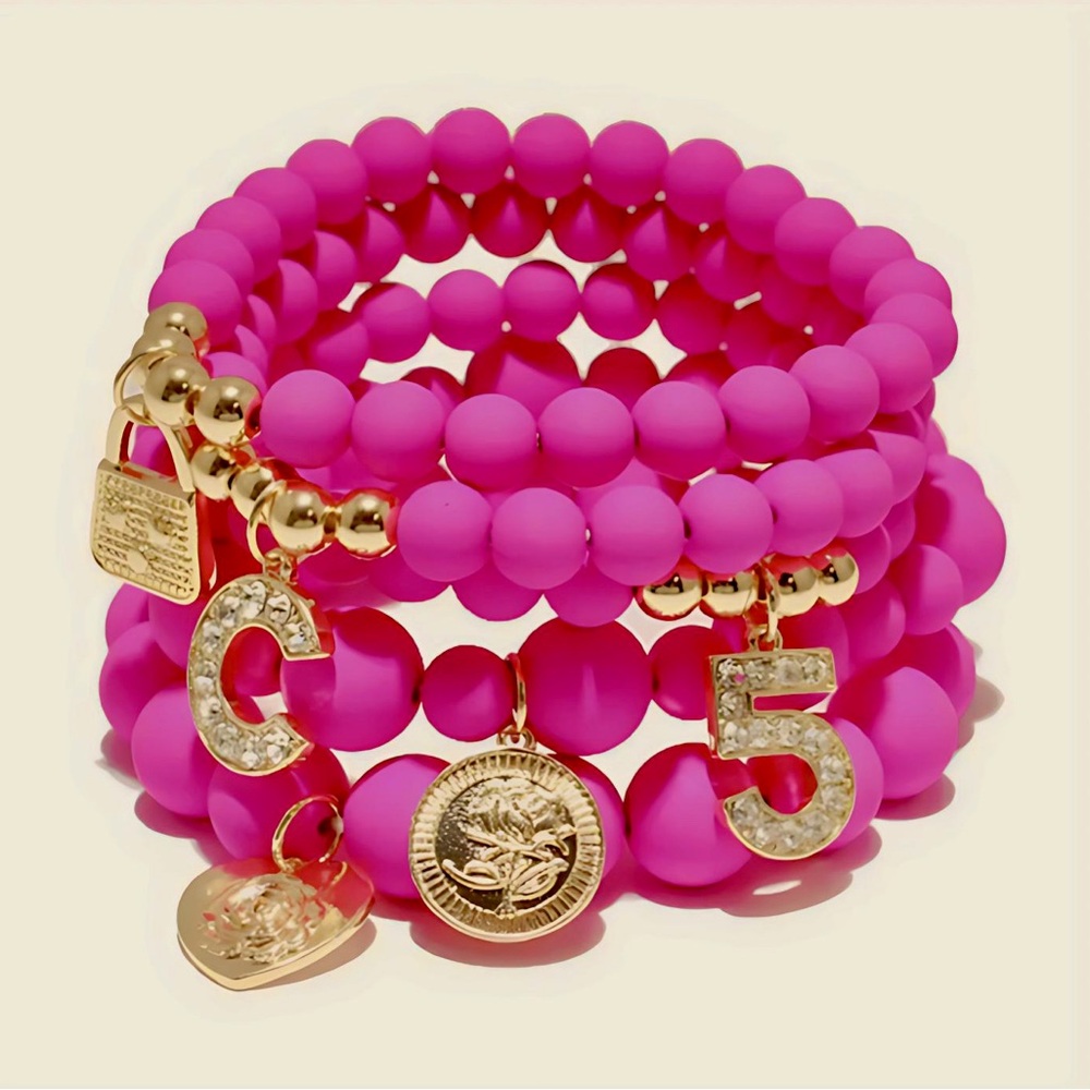 LAST 1! Fashion Jewelry Hot Pink 5 PC Fashion Stretch Beaded Pendant Bracelets